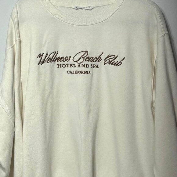 Oversized crew neck sweatshirt. Size XL. Cream/brown. “Wellness beach club”. - Picture 2 of 9